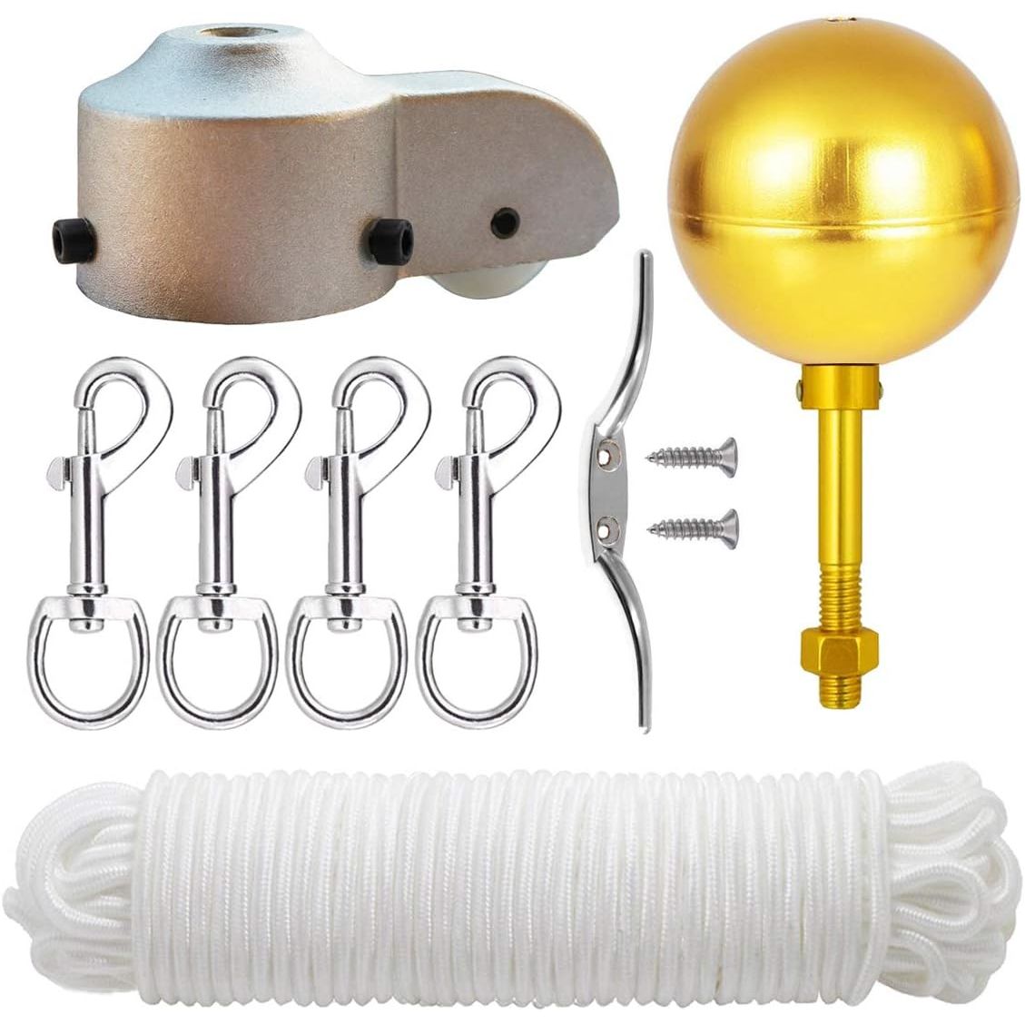 Buy now EKEV Flag Pole Hardware Parts Repair Kits - 3" Topper Gold Ball + 50 Ft Halyard Rope + 6" Cleat Hook + 4 Flag Swivel Snap Hooks + Flagpole Pulley Truck for 2" OD Tube Flagpole Part Kit for 2.5" OD Tube at indiglob india