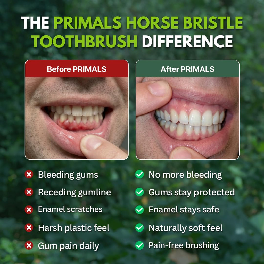 PRIMALS Horse Bristle & Bamboo Toothbrush (4-Pack) - Luxurious & Soft Horse Bristles - Fully Biodegradable - Plastic & Nylon Free - Quick Dry Design