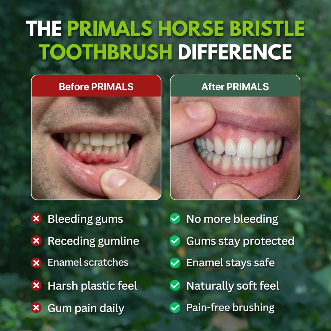 PRIMALS Horse Bristle & Bamboo Toothbrush (4-Pack) - Luxurious & Soft Horse Bristles - Fully Biodegradable - Plastic & Nylon Free - Quick Dry Design