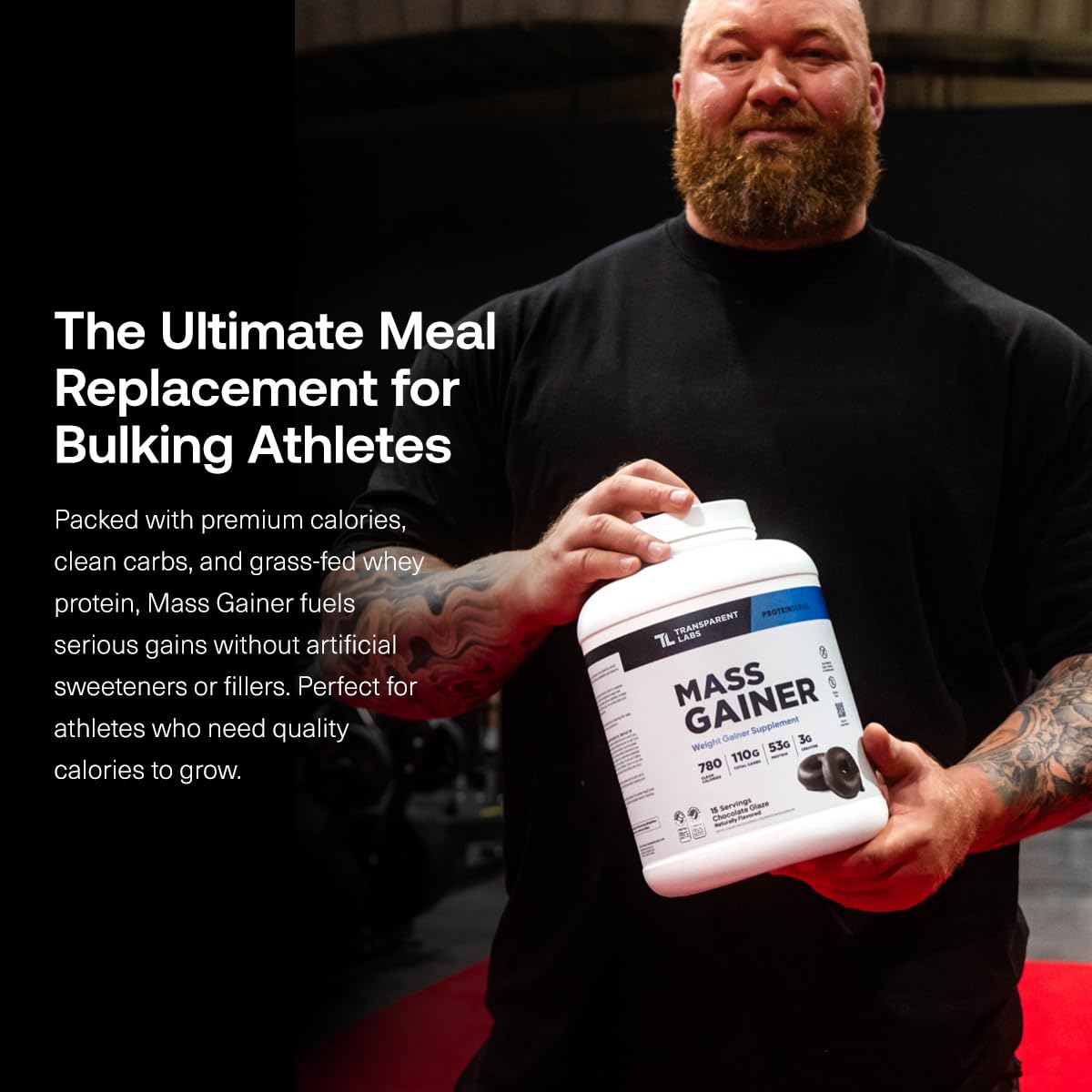 Transparent Labs Mass Gainer Protein Powder - Naturally Flavored Grass-Fed Whey w/ 53g Protein, 110g Carbs, High-Calorie Powder for Muscle Gain & Recovery, 3g Creatine - 15 Servings, Chocolate Glaze