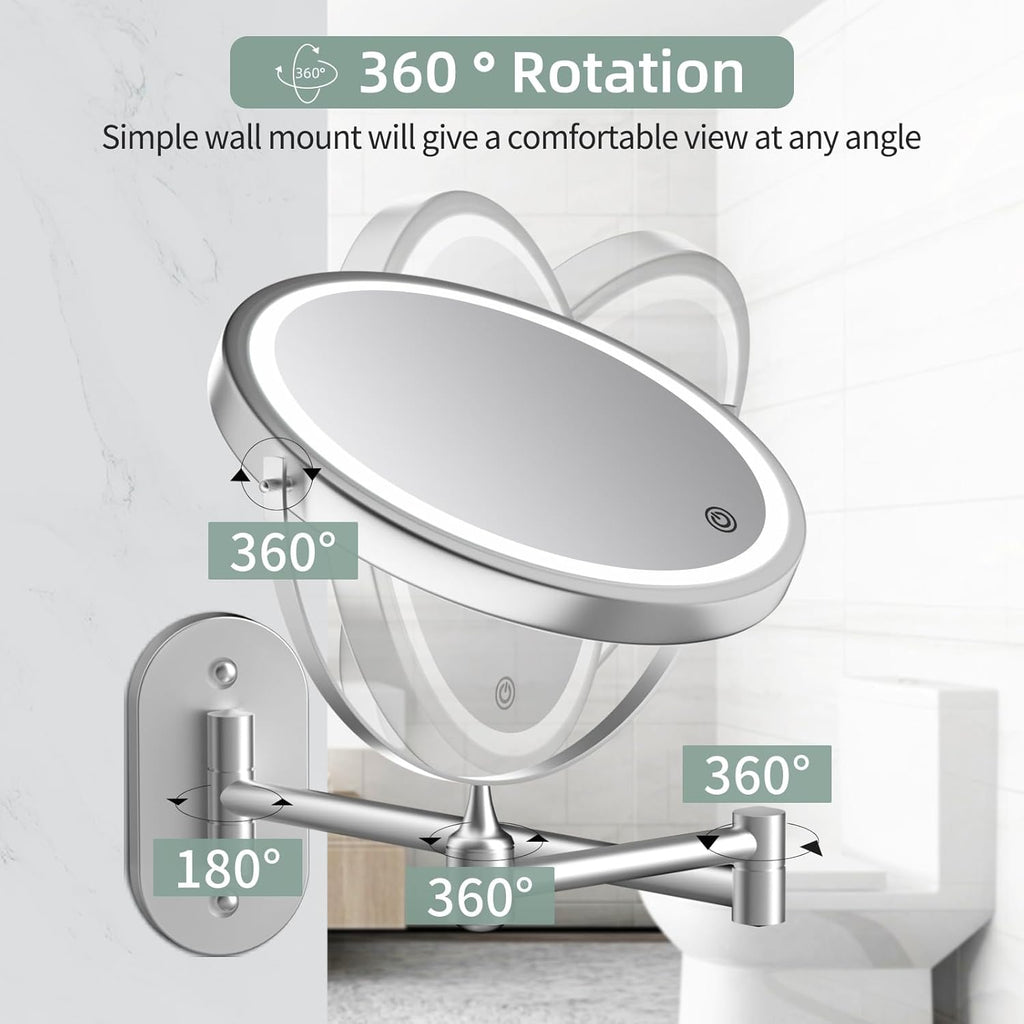 Buy now Rechargeable Wall Mounted Lighted Makeup Vanity Mirror 8 inch 1X/10X Magnifying Bathroom Mirror with 3 Color Lights, Double Sided with Dimmable LED Lights, Extended Arm 360Â° Swivel Extension Mirror at indiglob india