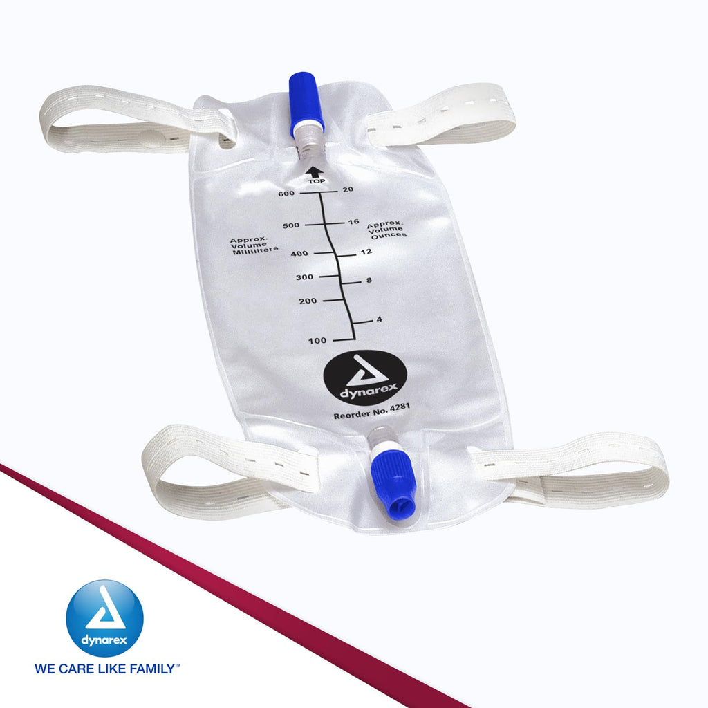 Dynarex Urinary Leg Bag, for Use with Catheter, has a Non-Drip Closure & Anti-Reflux Valve, 600 ml/20 oz Capacity, Medium, White, 1 Box of 12 Leg Bags