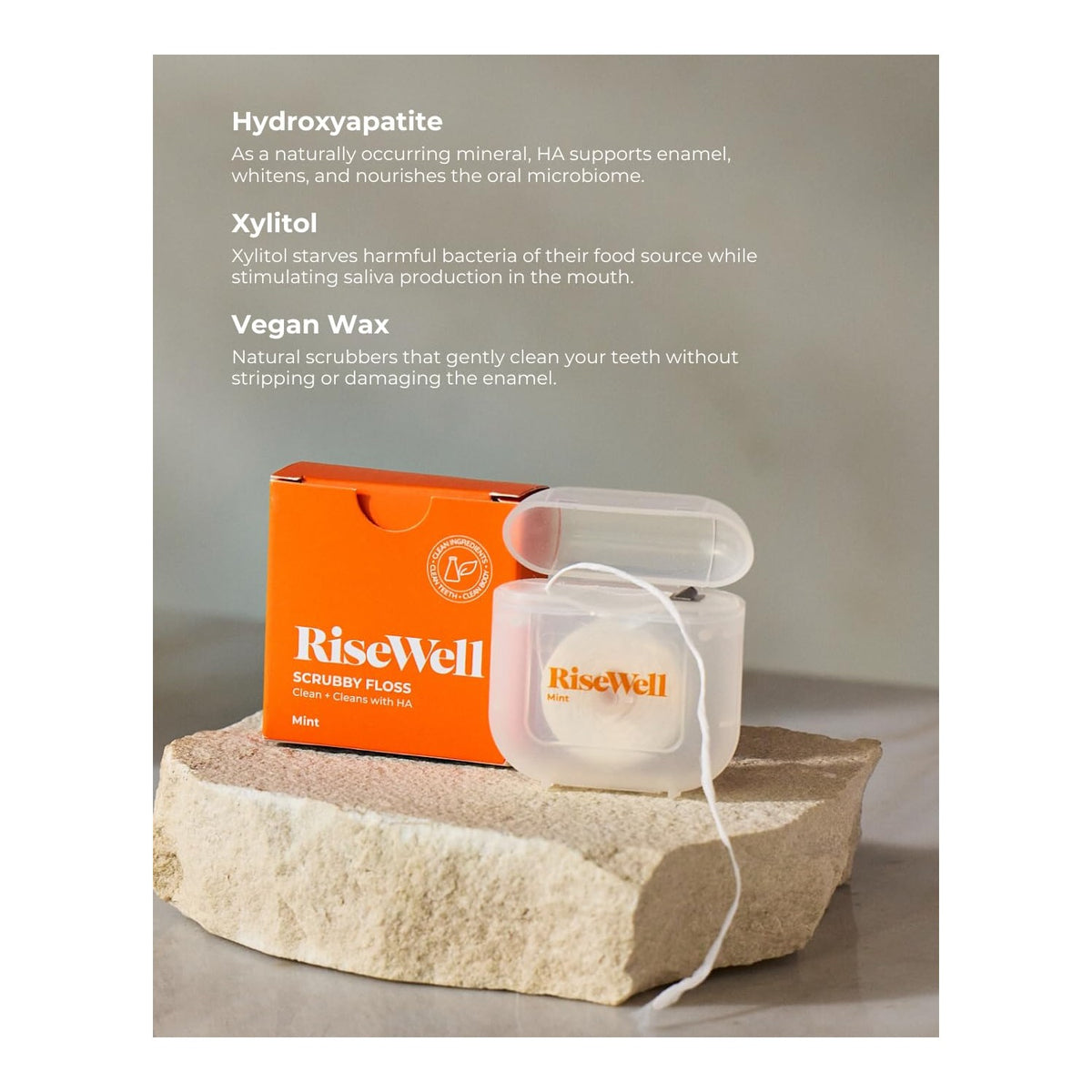 RiseWell Hydroxyapatite Expanding Dental Floss - Mint Waxed, 30 Yards