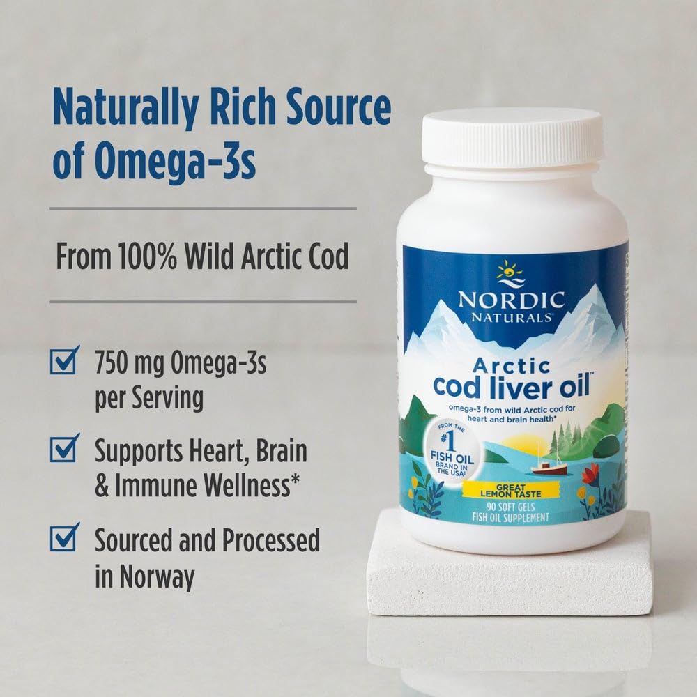 Nordic Naturals Arctic Cod Liver Oil with EPA & DHA, Lemon - 90 Softgels | 750mg Total Omega-3s per serving. Heart & brain health, immunity support. Overall Wellness. Non-GMO. 30 servings. 2 per day.