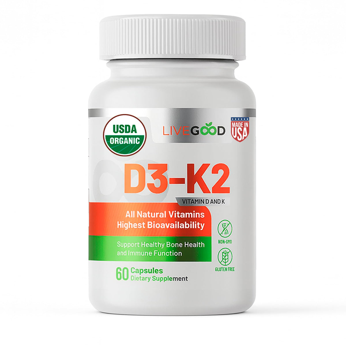 LiveGood Vitamin D3 K2 2000 IU, Organic Vegan D3 K2 Supplement with MK-7