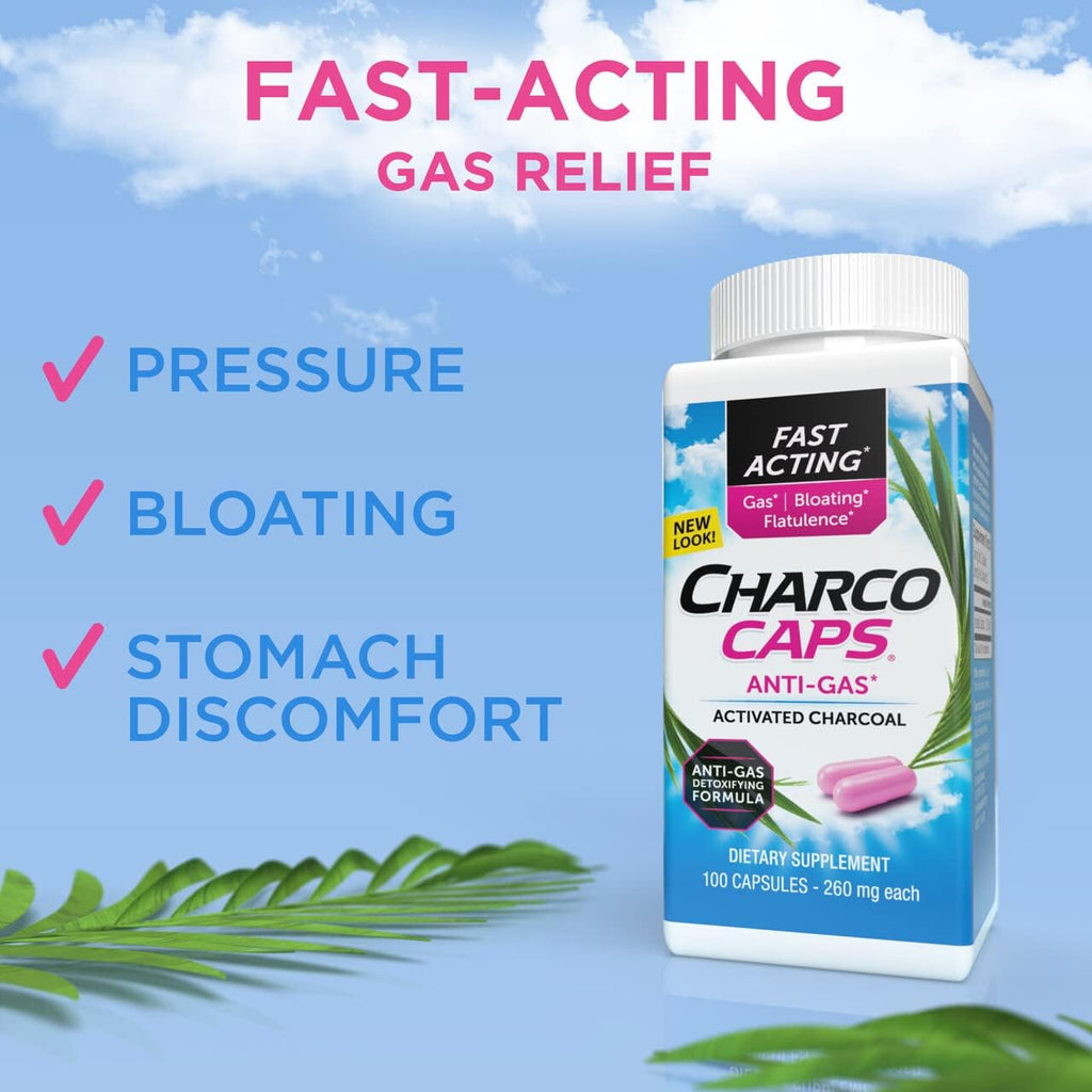 Buy now Charcocaps Fast Acting Gas Relief for Bloating & Flatulence, Drug Free Detoxifying Activated Charcoal Formula, 100 Capsules, 30 Day Supply, Pink at indiglob india