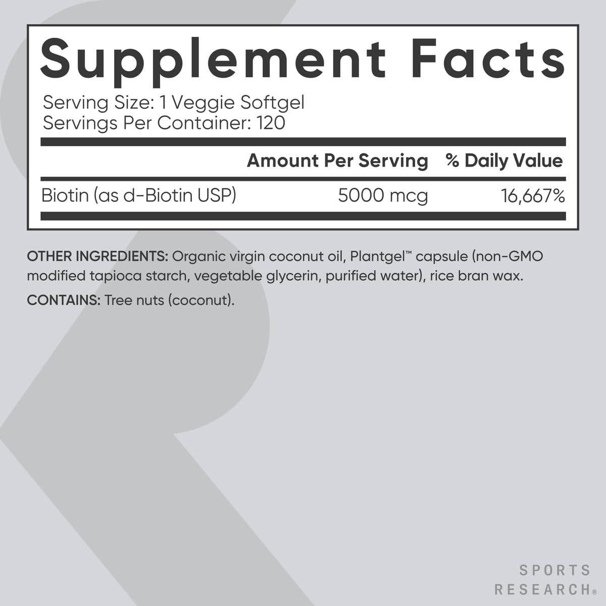 Buy now Sports ResearchÂ® Biotin 5,000mcg with Organic Coconut Oil - Biotin (Vitamin B7) for Healthy Skin and Hair Support* - for Women and Men - Vegan, Non-GMO, Gluten & Soy-Free - 120 Veggie Softgels at indiglob india