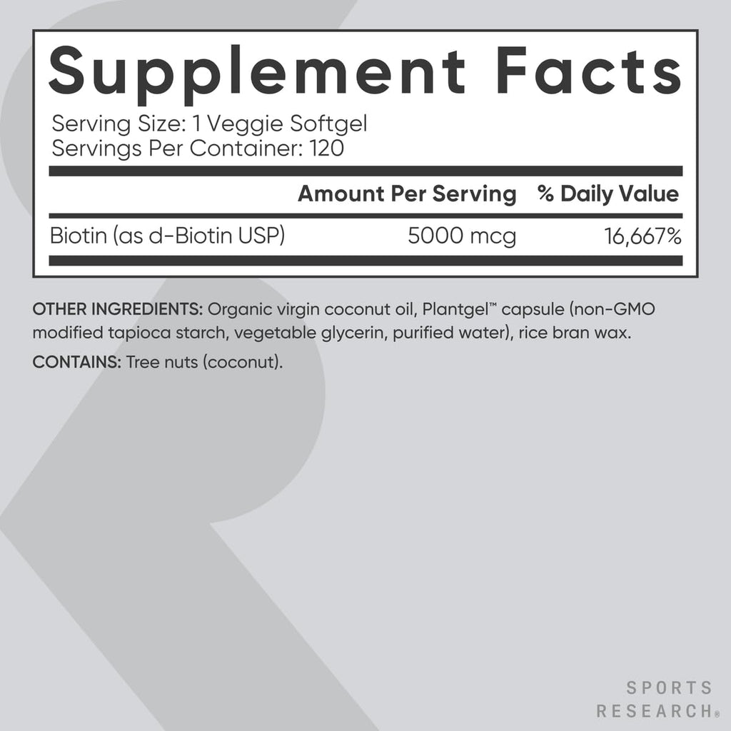 Buy now Sports Research® Biotin 5,000mcg with Organic Coconut Oil - Biotin (Vitamin B7) for Healthy Skin and Hair Support* - for Women and Men - Vegan, Non-GMO, Gluten & Soy-Free - 120 Veggie Softgels at indiglob india