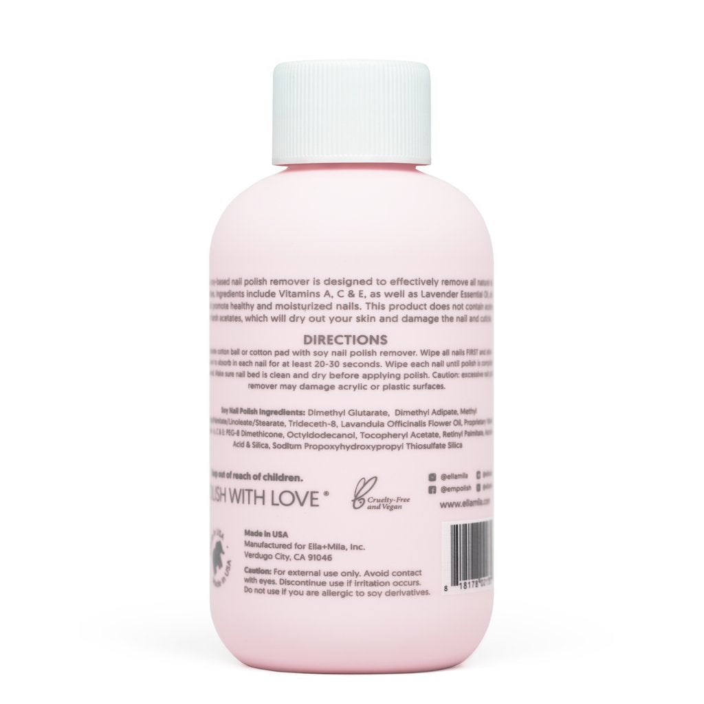 ella+mila Soy Nail Polish Remover - Non-Acetone with Lavender Oil, 4 fl oz | Soy-based non-acetone remover; lavender oil; vitamins A, C & E; gentle on bare nails; vegan; 4 fl oz