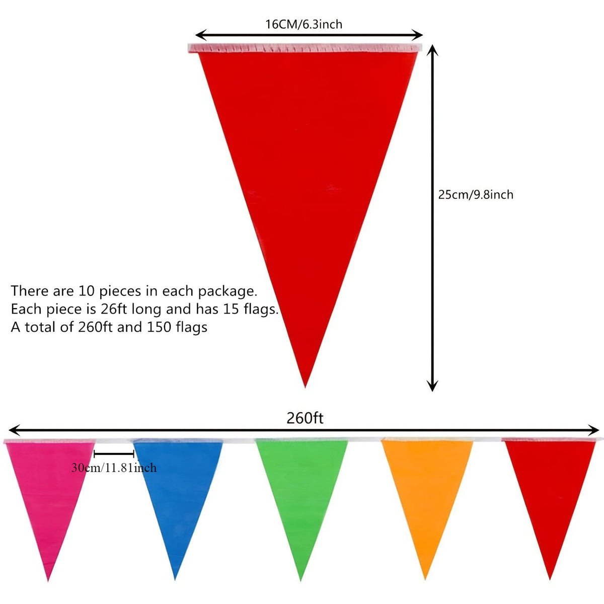 260ft 150pcs Flags Colorful Pennant Banner Flags Multicolor Bunting String Triangle Flags, Garland for Grand Opening Carnival, Theme Birthday Party Decoration, Outdoor Events Classroom Decor