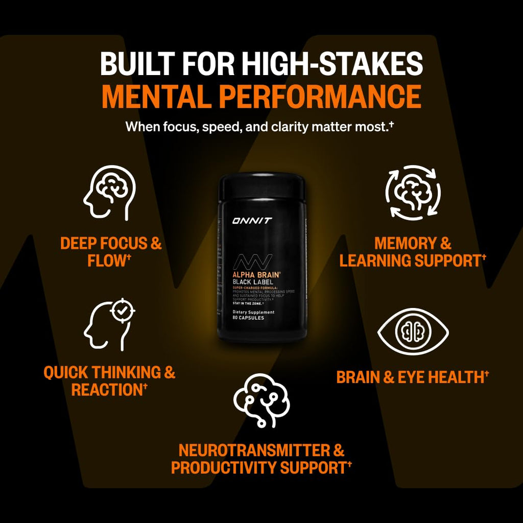 ONNIT Alpha Brain Black Label Nootropic, Citicoline & Lions Mane, 80 Count | IGEN Non-GMO Tested; Citicoline, Lions Mane, Lutemax Lutein, L-Theanine & Mucuna Pruriens; concentration, memory support