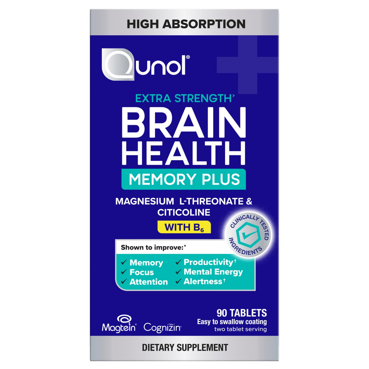 Qunol Brain Health Memory Plus w/Magtein, Cognizin & Vitamin B6, 90ct | Combines Two Clinically Tested, High Absorption Ingredients to Improve Memory, Focus, Attention, Productivity