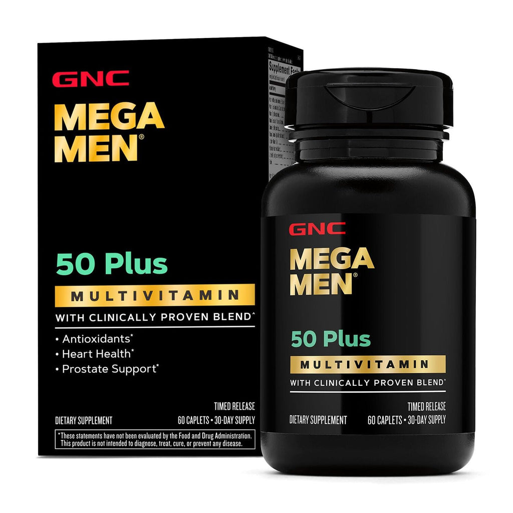 Buy now GNC Mega Men 50 Plus Multivitamin Caplets, Clinically Proven, Heart & Prostate Health, B Vitamins, Saw Palmetto, Memory, Vitamin D-3, 60 Count at indiglob india
