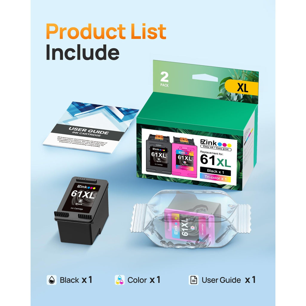 HP Ink 61XL Cartridges Combo Pack, featuring black and color cartridges, exclusively available at Curat Cart. Perfect for high-quality printing.