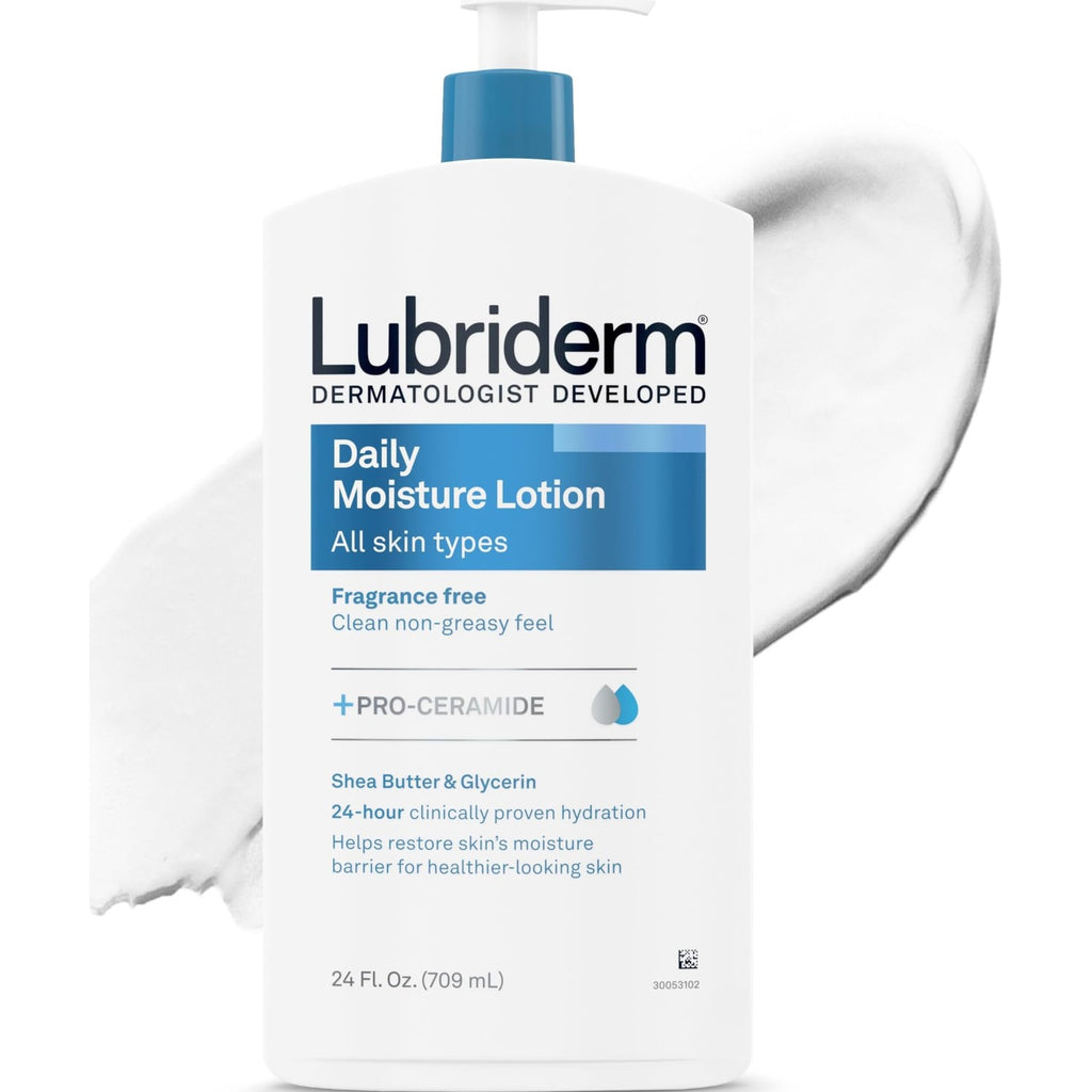Lubriderm Daily Moisture Body Lotion, Fragrance Free, 24 fl. oz | Hydrating Face, Hand & Body Lotion + Pro-Ceramide for Sensitive Skin, 24-Hour Moisturizer with Shea Butter, Non-Greasy