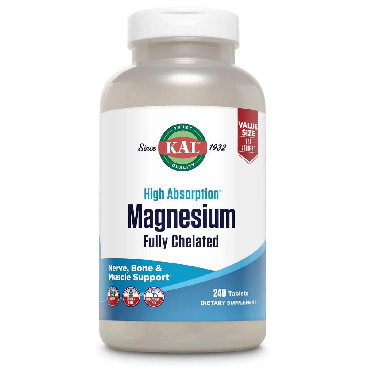 KAL Magnesium Glycinate Tablets, Fully Chelated, High Absorption Formula with Magnesium Bisglycinate Chelate for Nerve, Muscle & Bone Health Support, Vegan, Gluten Free, Value Size, 240 Tablets