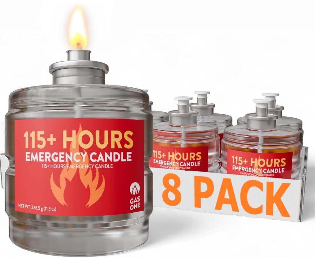 GasOne 115+ Hours Emergency Candle Set – 8-Pack Liquid Candles – Clean Burning, Unscented Long-Burning Candles for Ambient Lighting, Power Outages, Camping & Blackouts