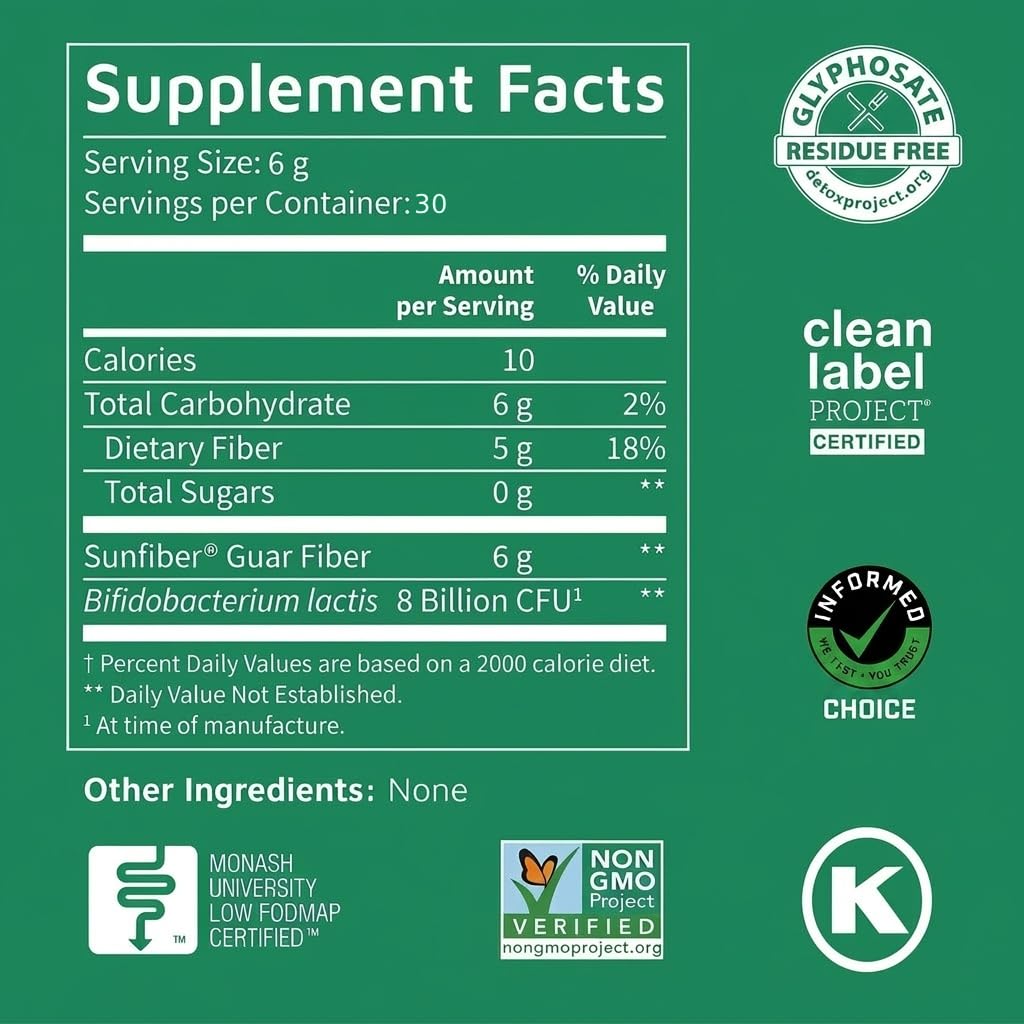 Tomorrow's Nutrition Sunfiber GI Prebiotic Fiber, 30-Day Supply | Features 5g per serving with 8 billion CFU, low FODMAP formula for daily dietary supplement and gut health support
