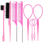 ZVOREI 8Pcs Hair Brushes Set wit, Pink 4Pcs Topsy Hair Tail Tools | 1Pcs Bristle Teasing Hair Brush 1Pcs Edge Control Brush 2Pcs Metal Pin Rat Tail Combs for Woman Girl Hair Styling
