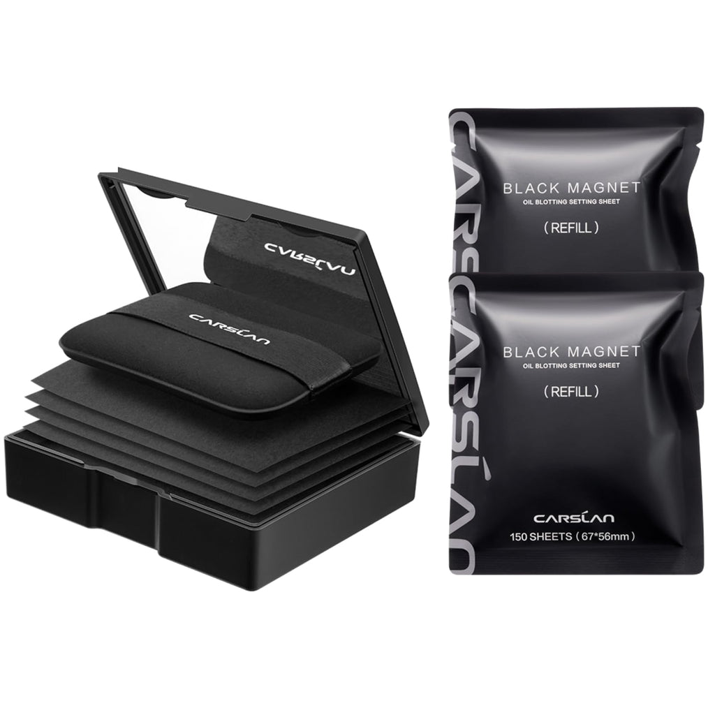 CARSLAN Makeup Blotting Paper with Powder, Keeps Makeup Fresh All Day | Black Magnet Blotting Sheet For Oily & Combination Skin, Compact with Puff & Mirror, 450 Sheets + 8 Refill Adhesive Pads