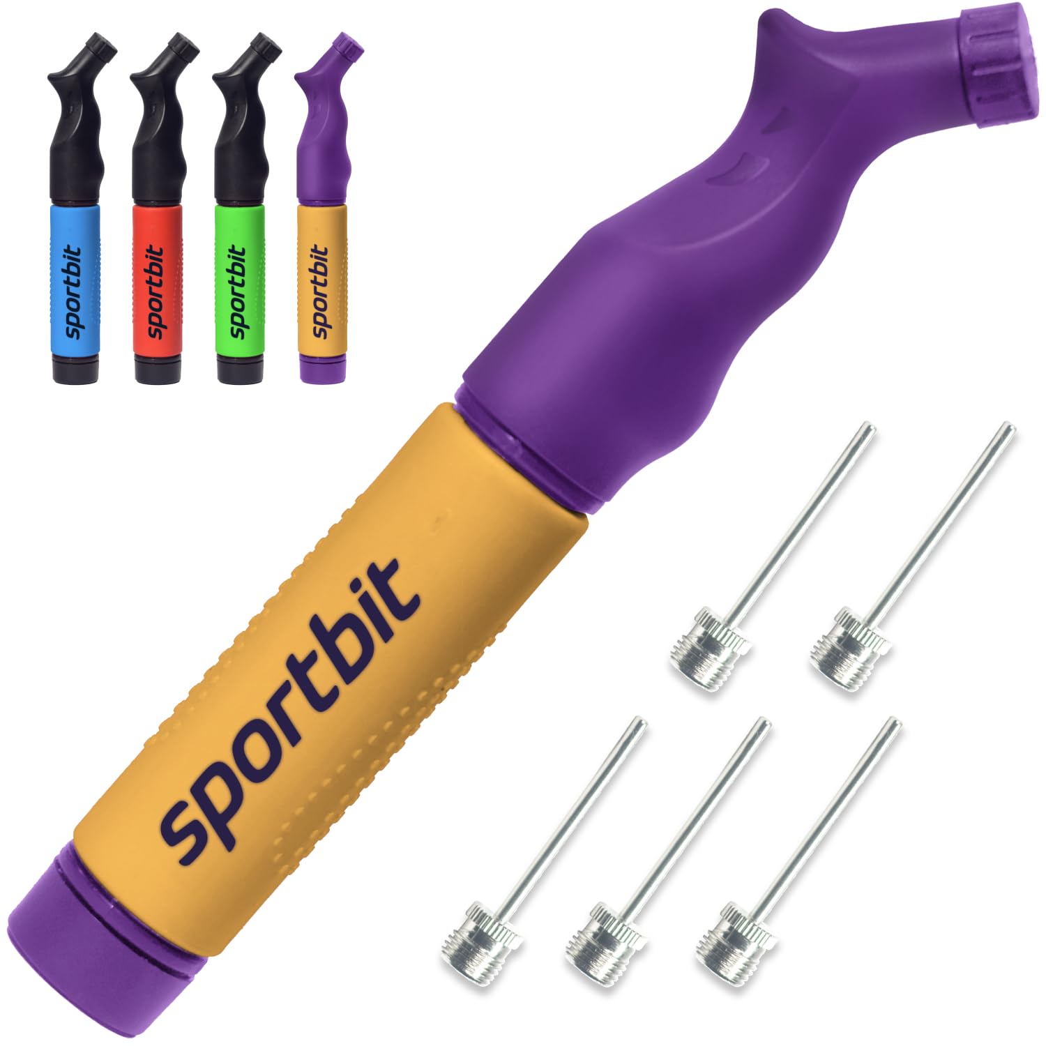 Buy now SPORTBIT Ball Pump for Sports Balls - Push & Pull Inflating System - Hand Pump for All Exercise Balls - Volleyball Pump, Basketball Inflator, Football & Soccer Ball Air Pump - Goes with 5 Needles Set PURPLE & GOLD at indiglob india