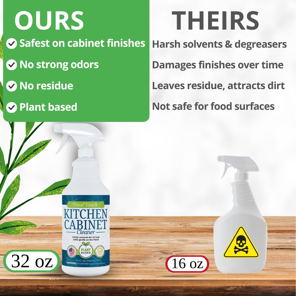 Kitchen Cabinet Cleaner and Degreaser - Plant Based Grease Remover for Wood, Painted and White Cabinets - Cleans, Restores, Protects Finishes, Streak Free, 32oz with Scrub Brush by Final Touch