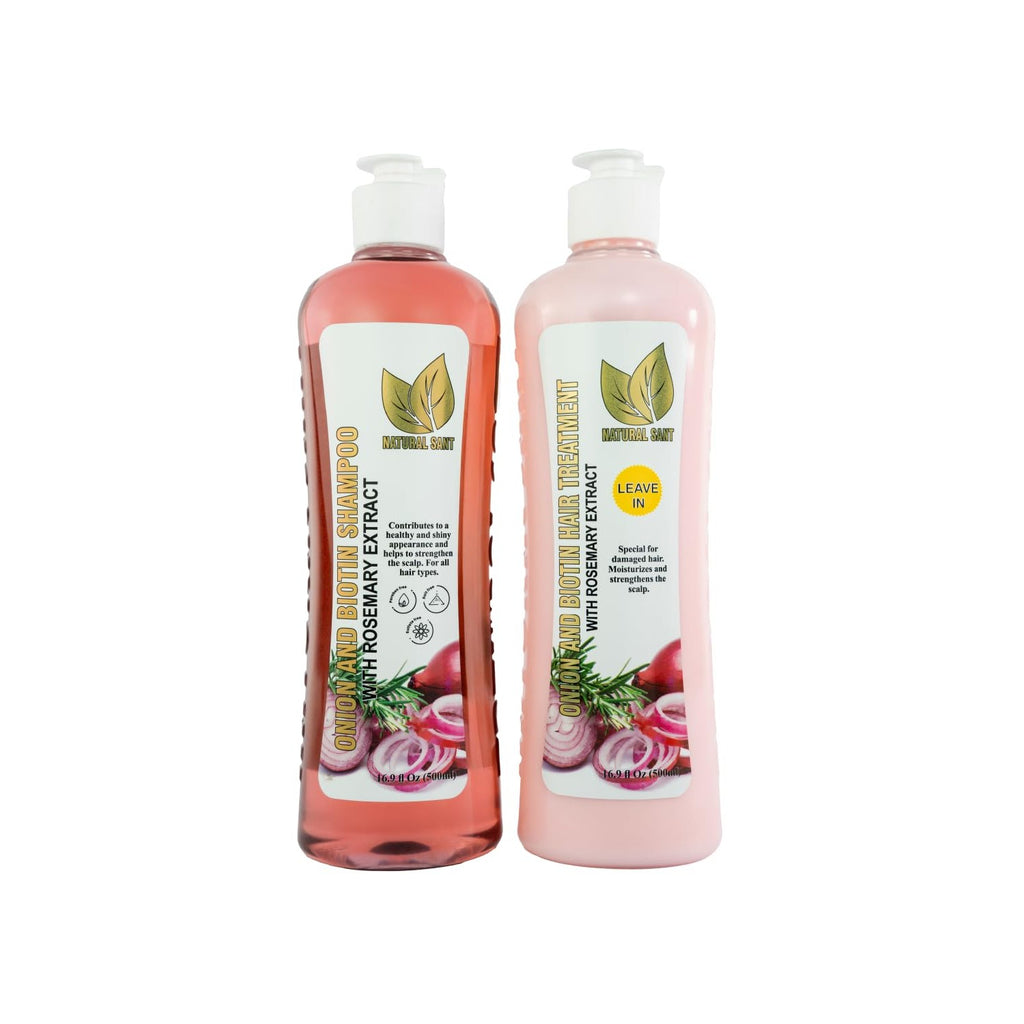 Natural Sant Onion & Rosemary Shampoo & Leave-In Treatment Set with Biotin | Sulfate, paraben & silicone free, supports thicker & fuller hair, women & men, no onion smell, two 16.9 fl oz bottles