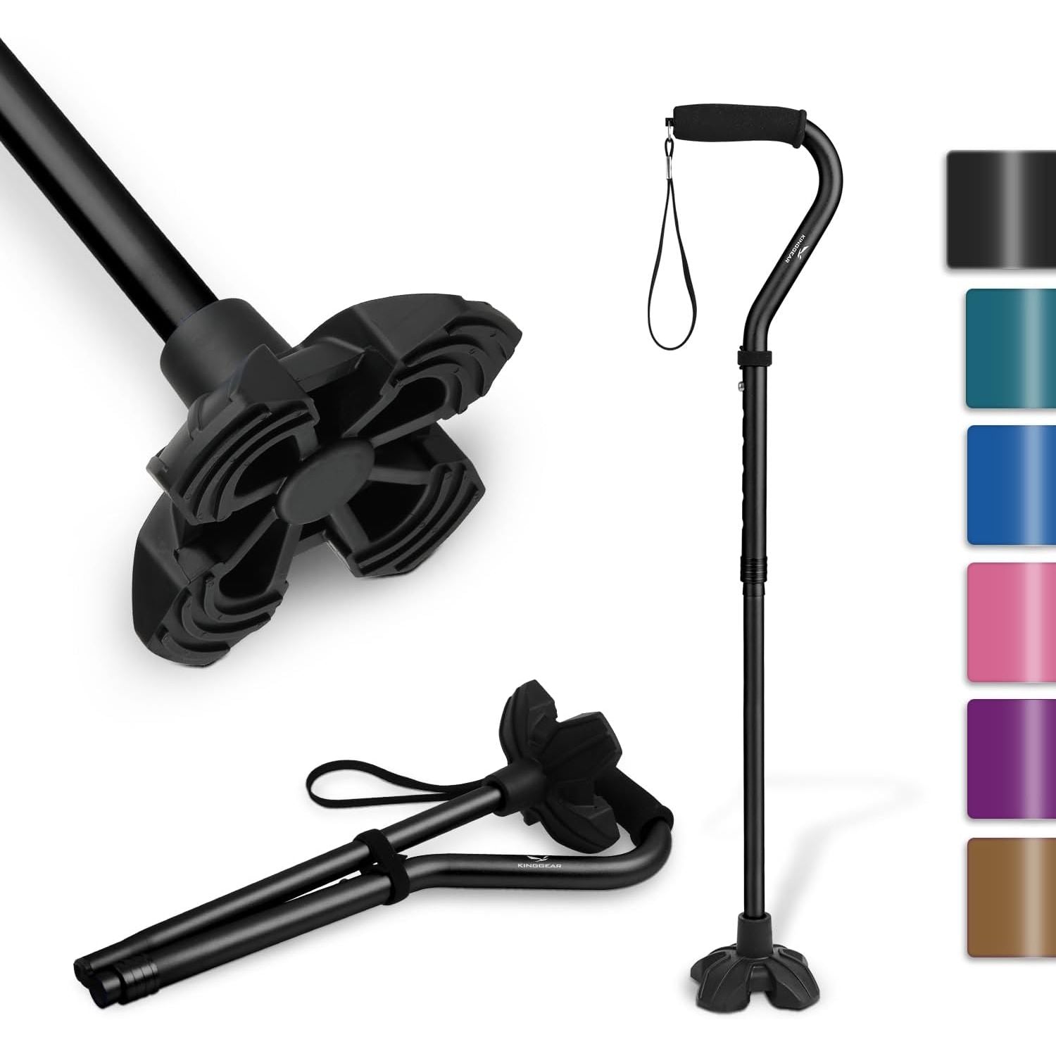 Buy now KINGGEAR F1 Walking Stick, Walking Cane for Women & Men, Self Standing Walkers for Seniors with Wrist Strap, Lightweight & Sturdy Offset EVA Handle and Large Quad Base Black at indiglob india