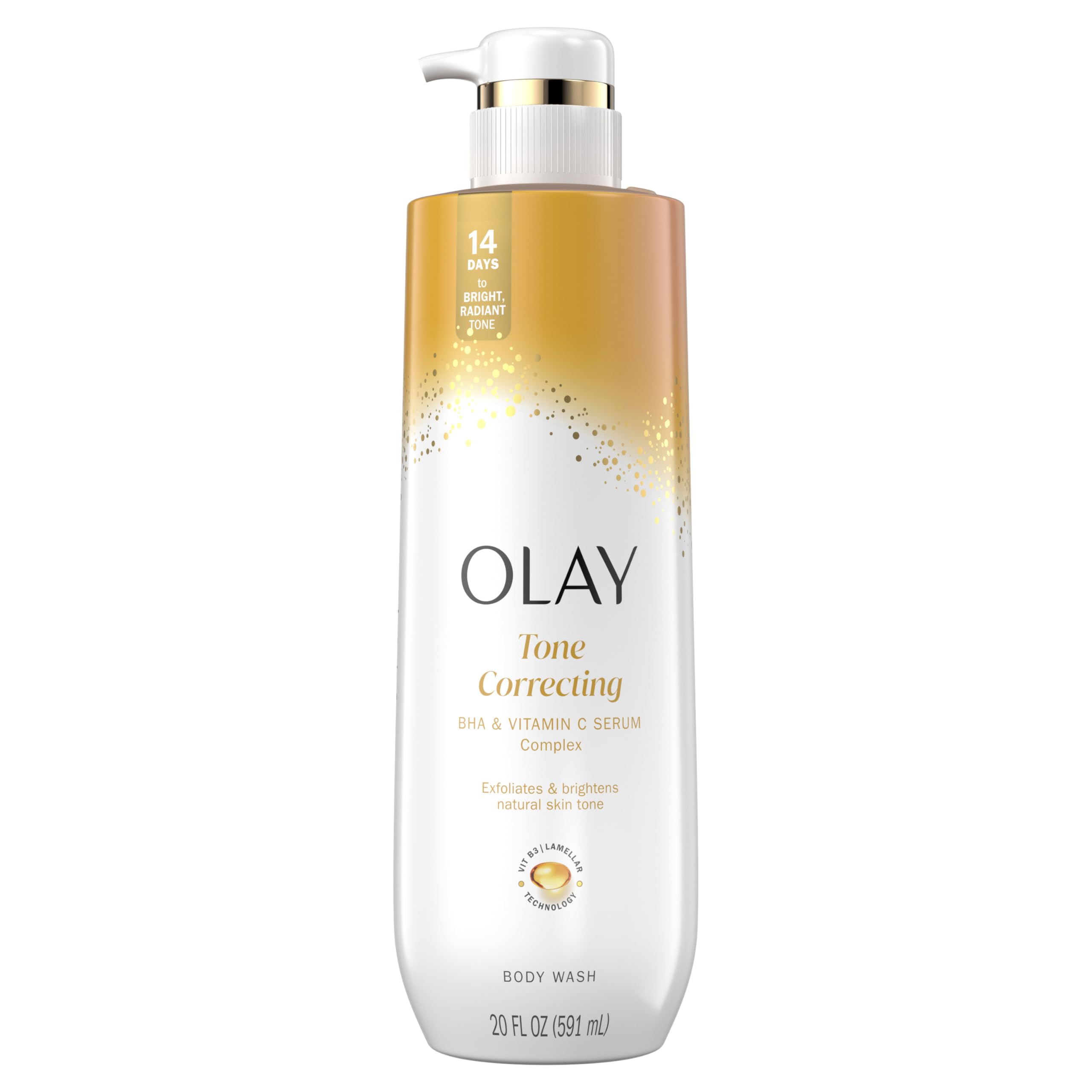 Olay Body Wash for Women, Tone Brightening Exfoliation, Vitamin C Serum Complex, Renew Moisture, Free of Parabens & Phthalates, Vitamin B3 Lameller Technology, For All Skin Types, 20 fl oz