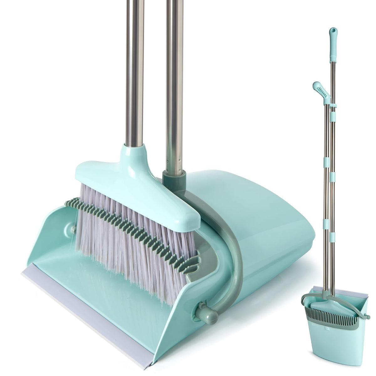 XXXFLOWER Broom and Dustpan Set with Cleaning Teeth, 54.5" Long Handle Indoor Sweeping Combo for Home Office Kitchen, Bluish Green