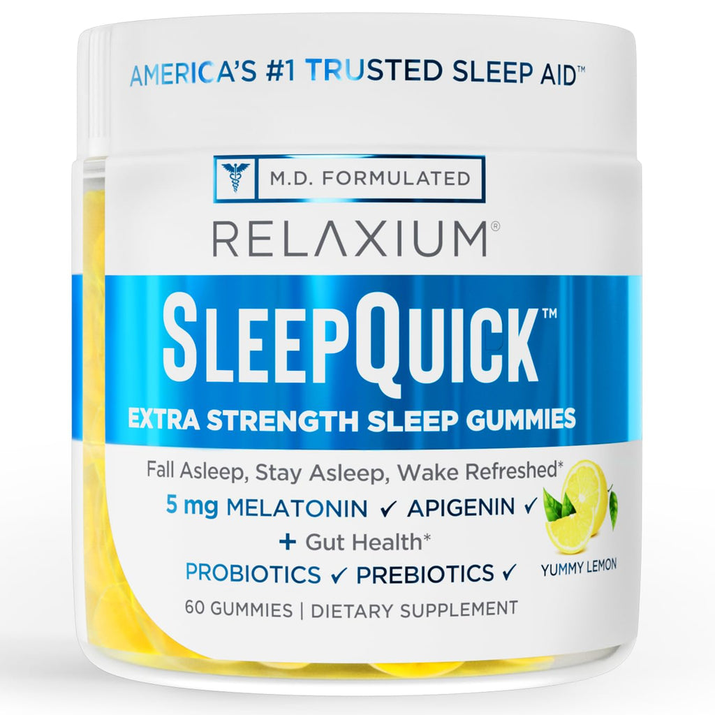 Relaxium SleepQuick Gummies, Sleep Aid, 5 mg Melatonin, D-3, Lemon, 60ct | Gut Health & Immune Support, Prebiotic Probiotic Blend, Gluten & Drug Free