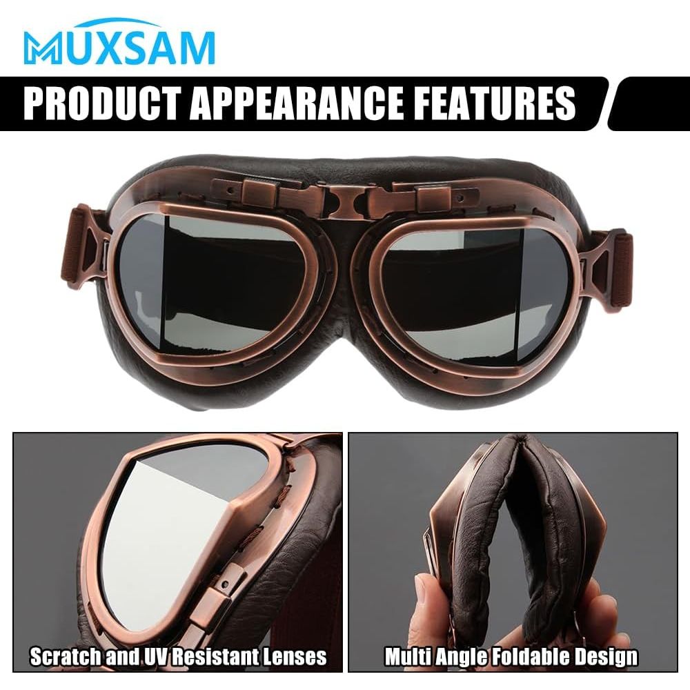 Buy now MUXSAM Vintage Motorcycle Goggles, ATV Motocross Goggles, Dirt Bike Racing Riding Off Road Scooter Glasses, Windproof Dustproof Eyewear for Adults Men Women, Copper Frame Smoke Lens at indiglob india