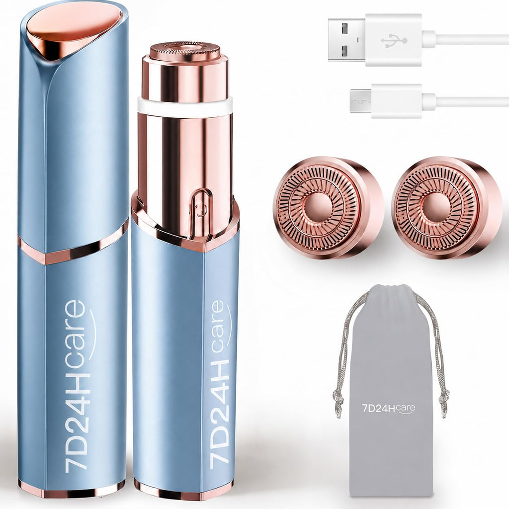 Facial Hair Remover for Women, Rechargeable, 2 Replacement Heads | LED face shaver for upper lip, chin, cheeks, and peach fuzz; compact USB charging design for home and travel