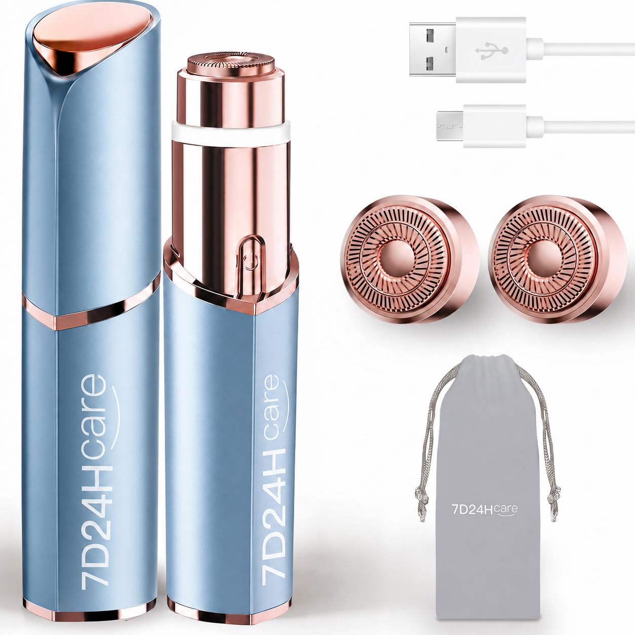 Facial Hair Remover for Women, Rechargeable, 2 Replacement Heads | LED face shaver for upper lip, chin, cheeks, and peach fuzz; compact USB charging design for home and travel