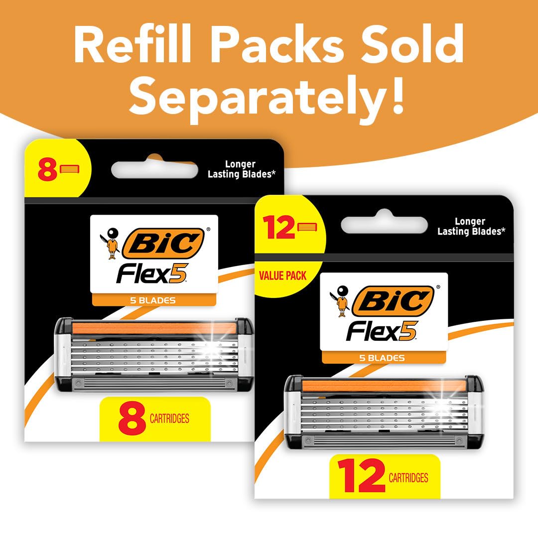 BIC Flex 5 Men's Refillable 5-Blade Razors with 7 Cartridges | Lubricating Strip with Aloe and Vitamin E, Pivoting Head, Precision Edging Blade, 8-Piece Shaving Kit