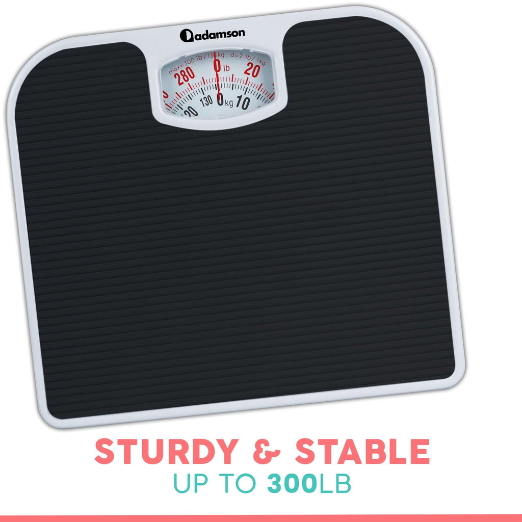 Adamson A21 Analog Scales for Body Weight - Up to 300 LB - New - Anti-Skid Rubber Surface + Large Numbers - Analog Bathroom Scale - Affordable - Durable with 20-Year Assurance - Black