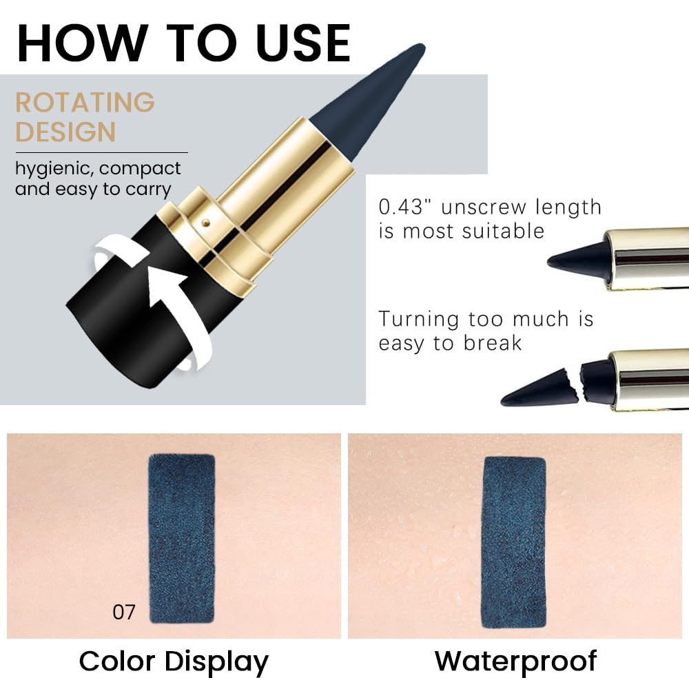 Kaely 2Pcs Gel Eyeliner Pencil features a rotating design for easy use. Waterproof formula shown on skin swatch. Verified by CuratCart.