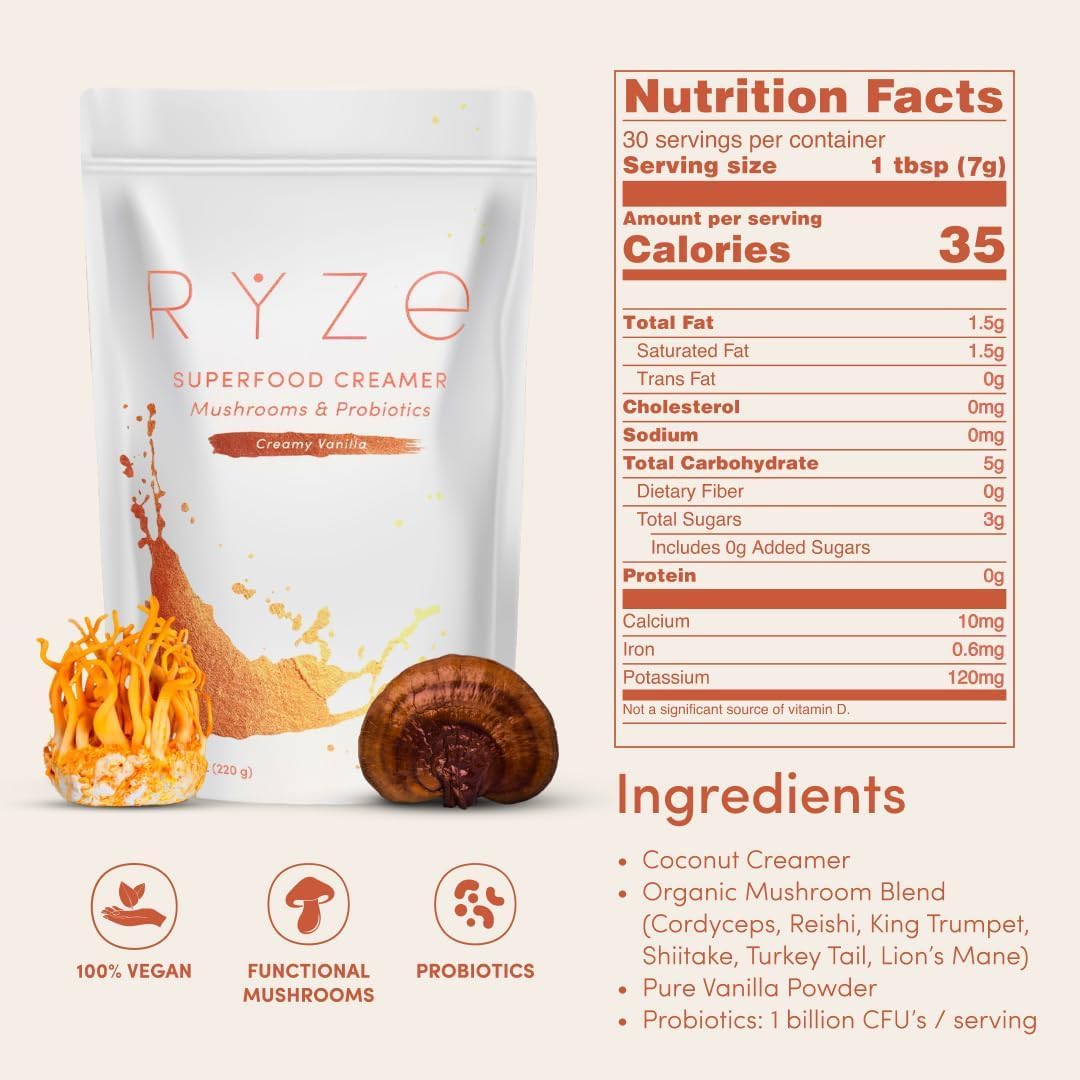 RYZE n Shine Bundle, Mushroom Coffee & Probiotic Creamer, 30 Servings | Medium Roast, 6 Organic Adaptogenic Mushrooms like Lion's Mane, Turkey Tail & Cordyceps, Supports Energy, Focus & Gut Health