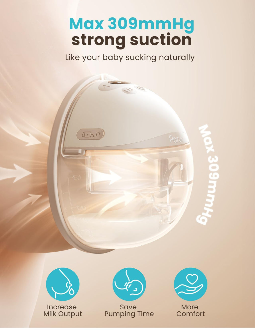 Paruu P16 Pro Wearable Breast Pump, Hands-Free Electric Breast Pump with 160min Battery & Night Light, 4 Modes & 12 Levels, 309mmHg Suction, 24mm Flange, Storage Bag & Dust Cover, 2 Pack (Champagne)