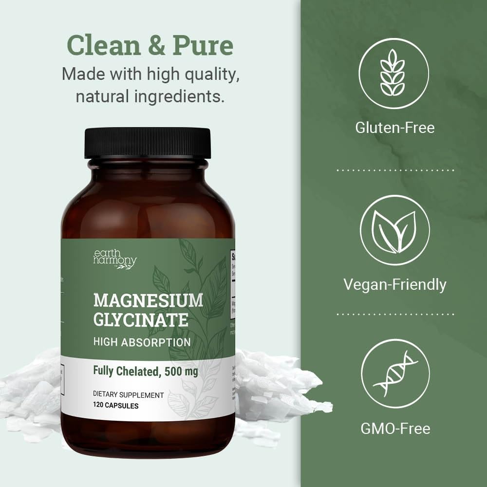 Pure Magnesium Glycinate 500mg Chelated High Absorption Magnesium for Sleep | Earth Harmony Chelated Magnesium Supplement, Glicinato de Magnesio