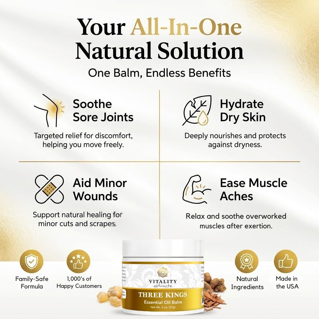 Vitality Extracts Three Kings Balm - 2oz, Frankincense, Myrrh, Sandalwood, Sacred, Ultra-hydration, Relief from Discomfort, Soft Skin