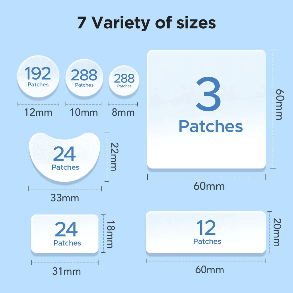 7 Sizes 831 Counts Pimple Patches Variety Pack for Face, Back | Hydrocolloid, Large Blemish Patches for Body, Chin, Chest, Cheek, Shoulder, Neck, Forehead (Dot, Moon, Rectangular, Square)