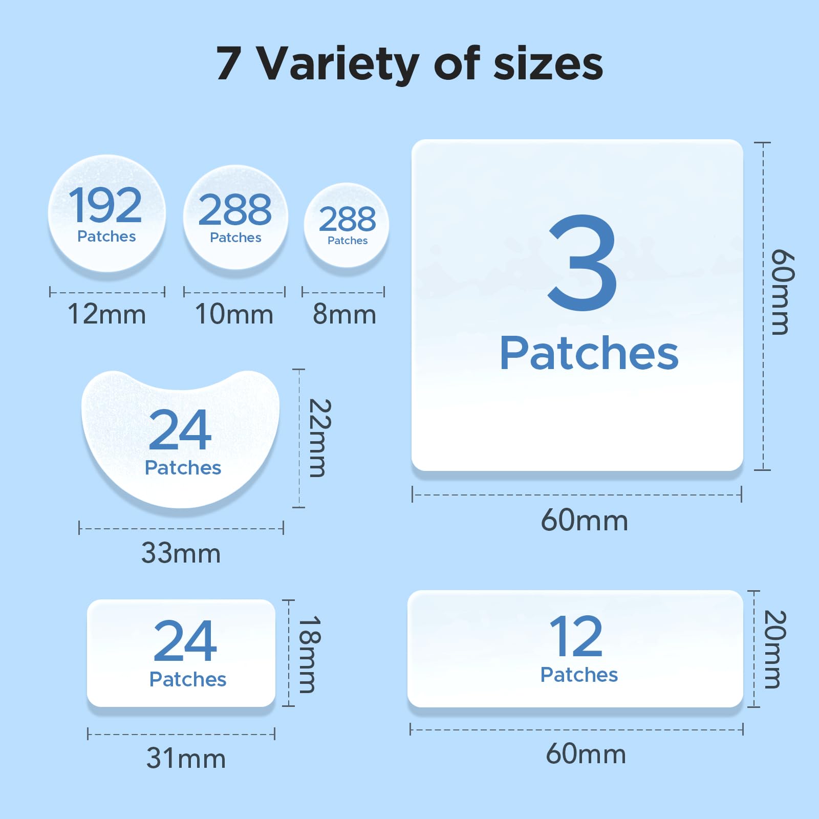 7 Sizes 831 Counts Pimple Patches Variety Pack for Face, Back | Hydrocolloid, Large Blemish Patches for Body, Chin, Chest, Cheek, Shoulder, Neck, Forehead (Dot, Moon, Rectangular, Square)