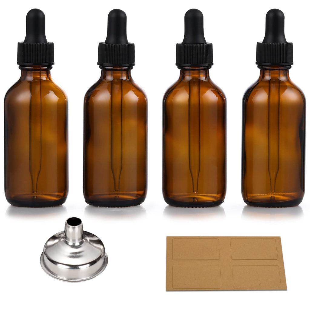 4 Pack, 1 oz Amber Glass Dropper Bottles Plus 2pcs Graduated Calibrated Glass Pipettes (1ml)- 30ml Dark Brown Tincture Bottles with Eye Droppers for Essential Oils, Liquids - Leakproof Travel Bottle