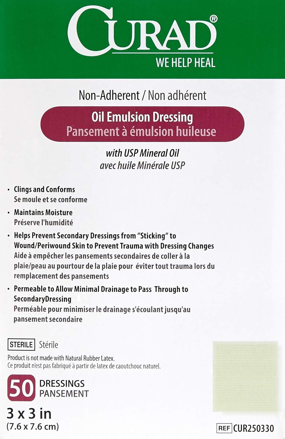 Curad Sterile Oil Emulsion Non-Adherent Gauze Dressing, 3x3 inches, for Minor Burns, Abrasions, 50 Count (Pack of 1)