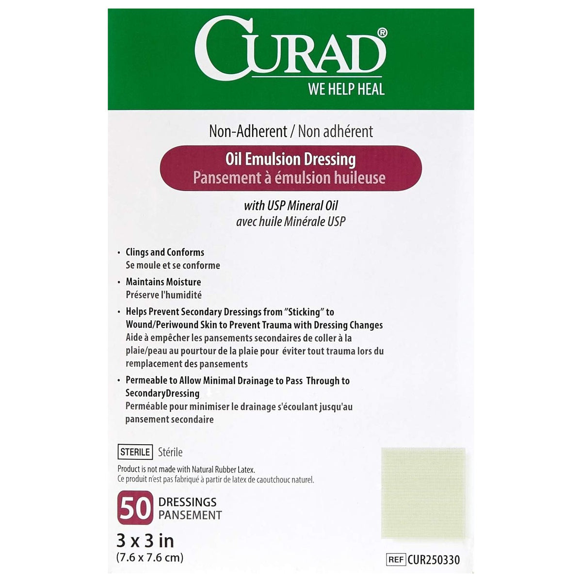 Curad Sterile Oil Emulsion Non-Adherent Gauze Dressing, 3x3 inches, for Minor Burns, Abrasions, 50 Count (Pack of 1)