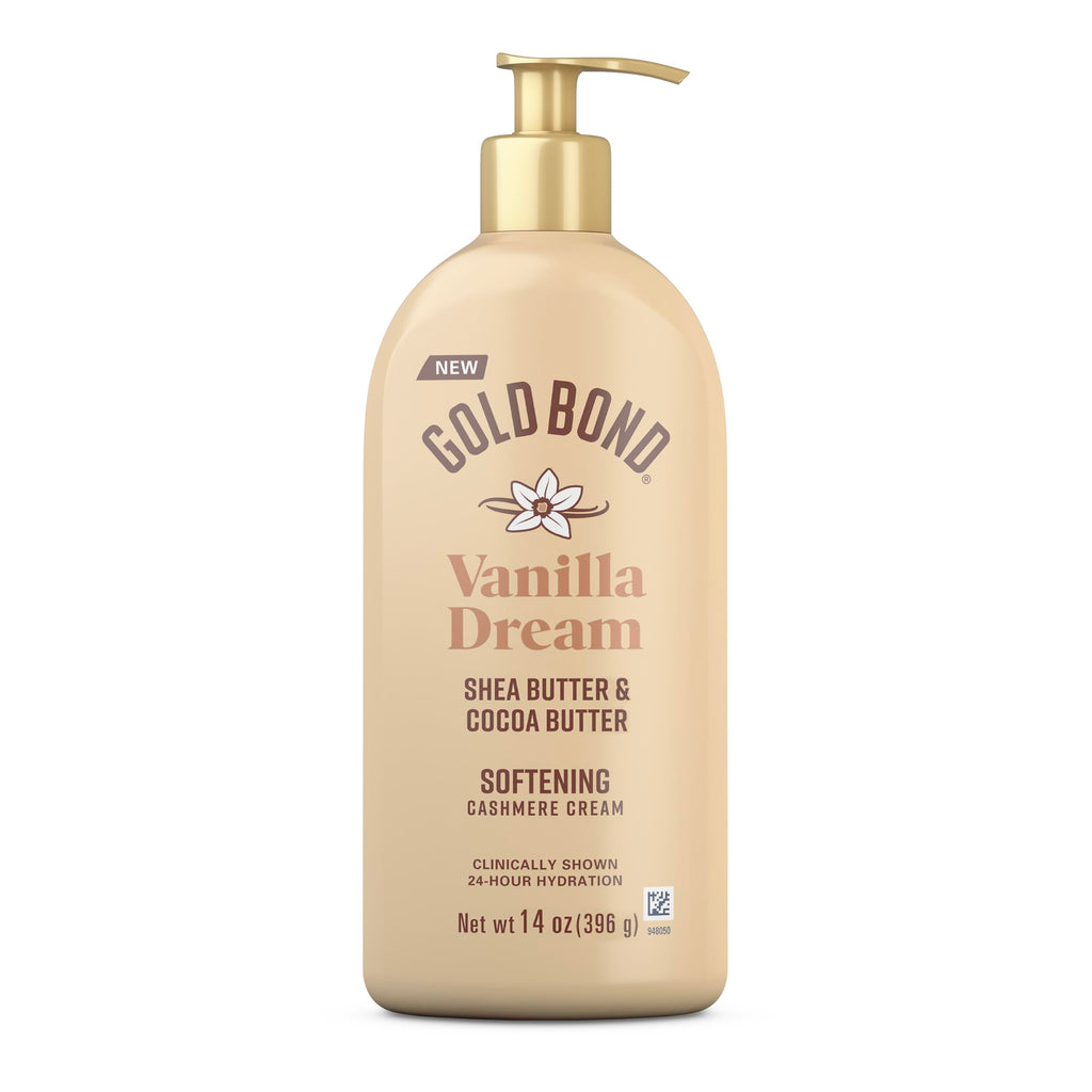 Gold Bond Softening Cashmere Cream Body Lotion, Vanilla Dream Scent, 24-Hour Hydration with Shea Butter and Cocoa Butter, 14 oz.