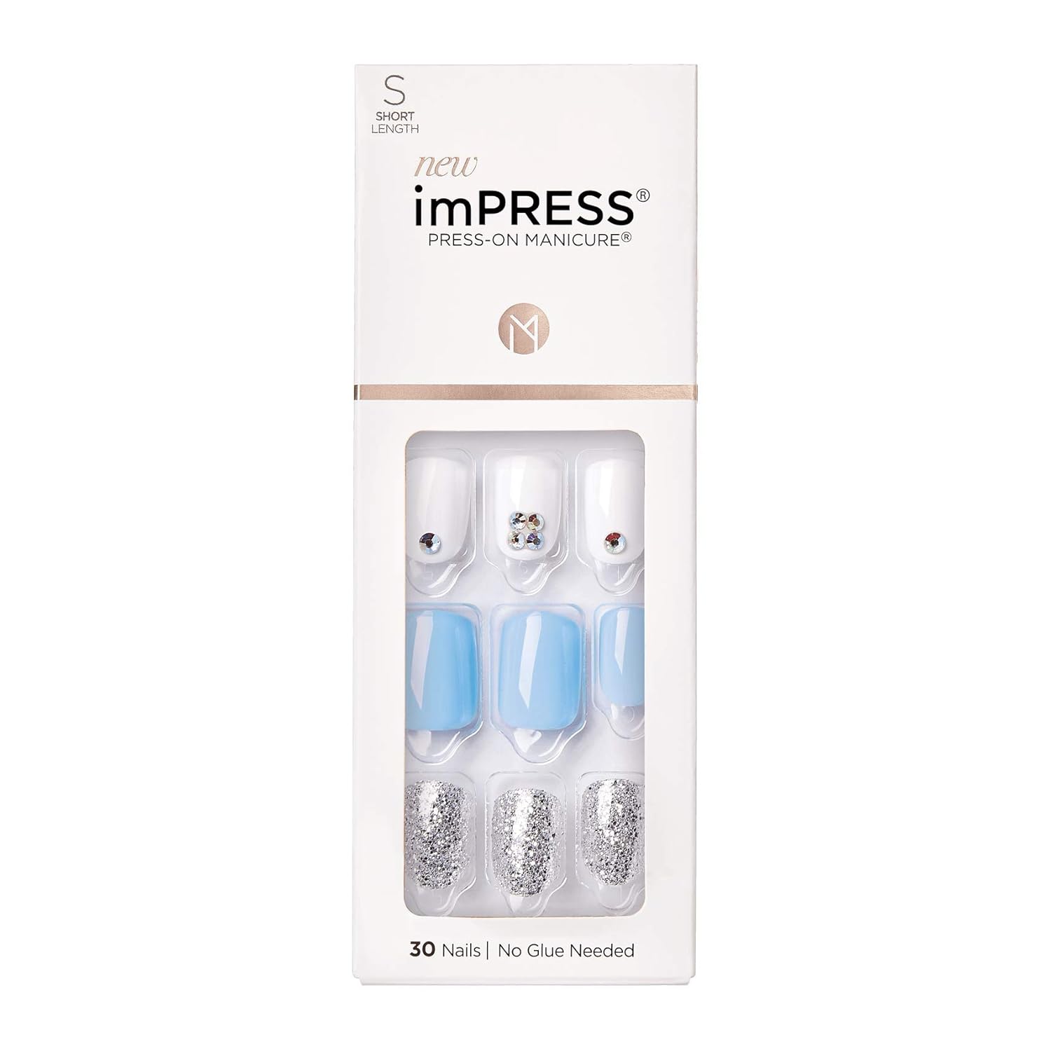 Buy now KISS imPRESS No Glue Mani Press On Nails, Design, 'Dorothy', Pink, Short Size, Squoval Shape, Includes 30 Nails, Prep Pad, Instructions Sheet, 1 Manicure Stick, 1 Mini File White, Blue, Silver at indiglob india