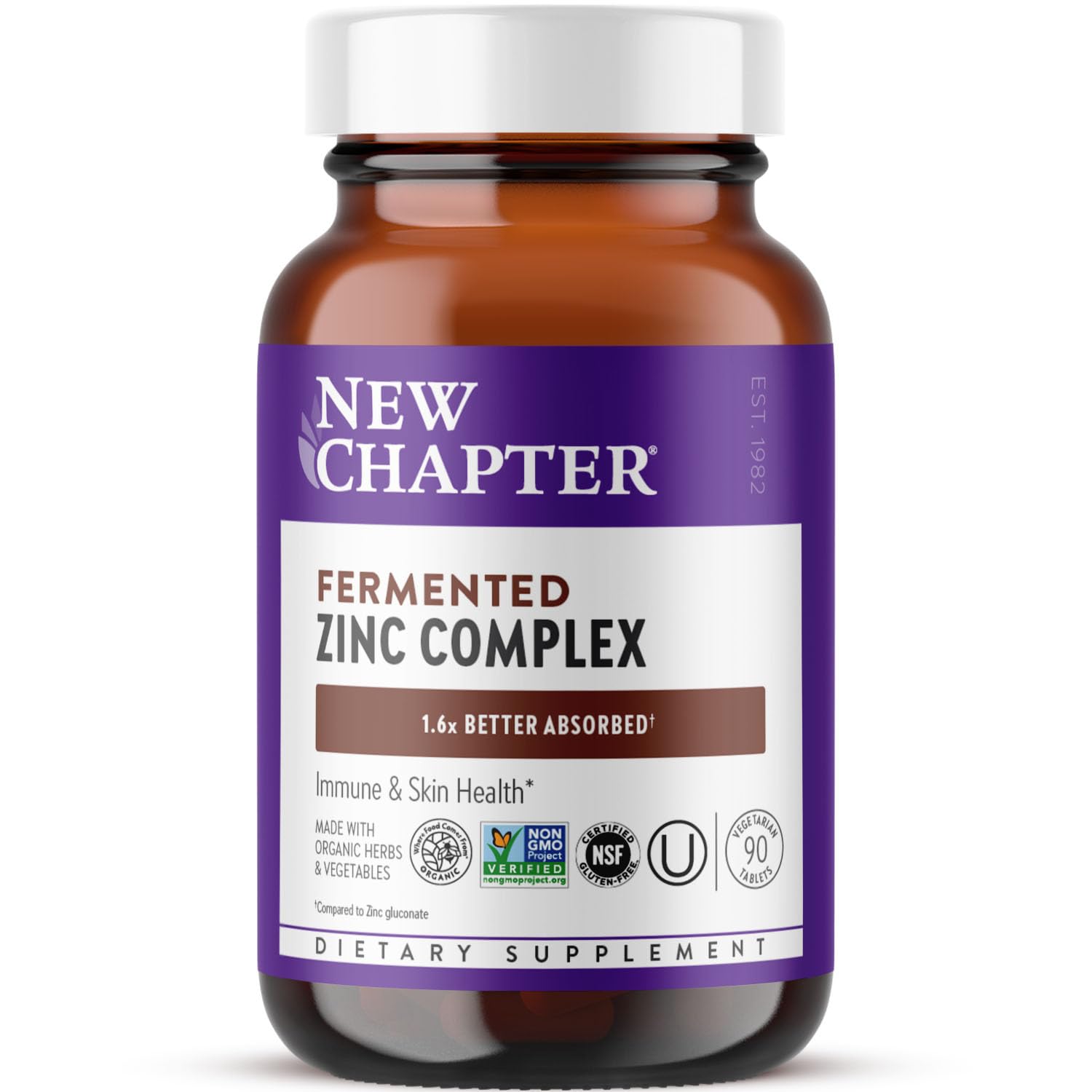 New Chapter Fermented Zinc Complex Supplement, 90 Count | ONE Daily for Immune Support and Skin Health, Mineral-Balancing Formula Rich in Copper, Easy to Swallow and Digest