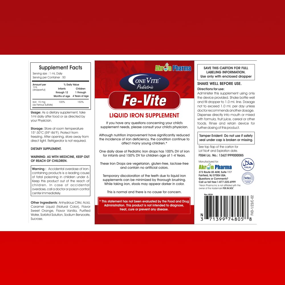 Pediatric FE-Vite Drops | Liquid Iron Supplement | 50ml, 1.66 Fl Oz (Pack of 1)